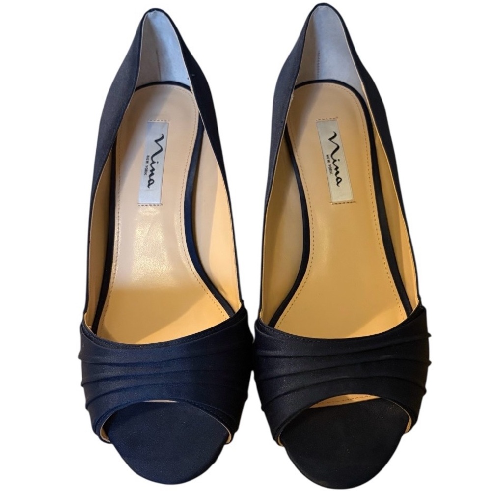 Nina New York Navy Blue Satin Peep-Toe Pumps Size 10M